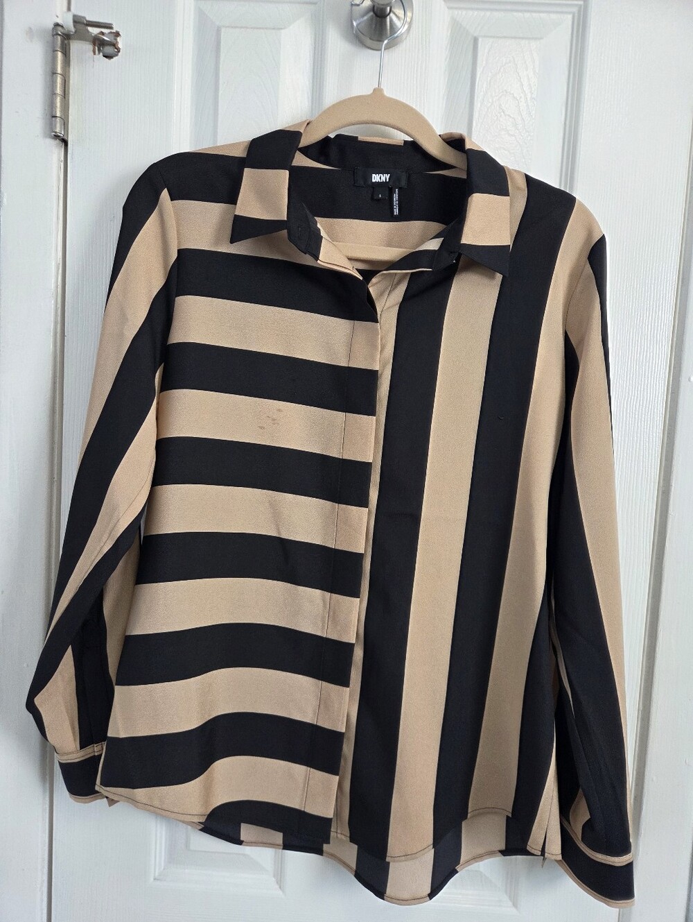 DKNY Black and Tan Vertical/Horizontal Stripe Button-Down Shirt